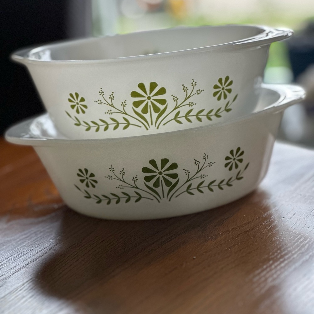 Vintage Glasbake  - White and Green Floral Baking Dishes